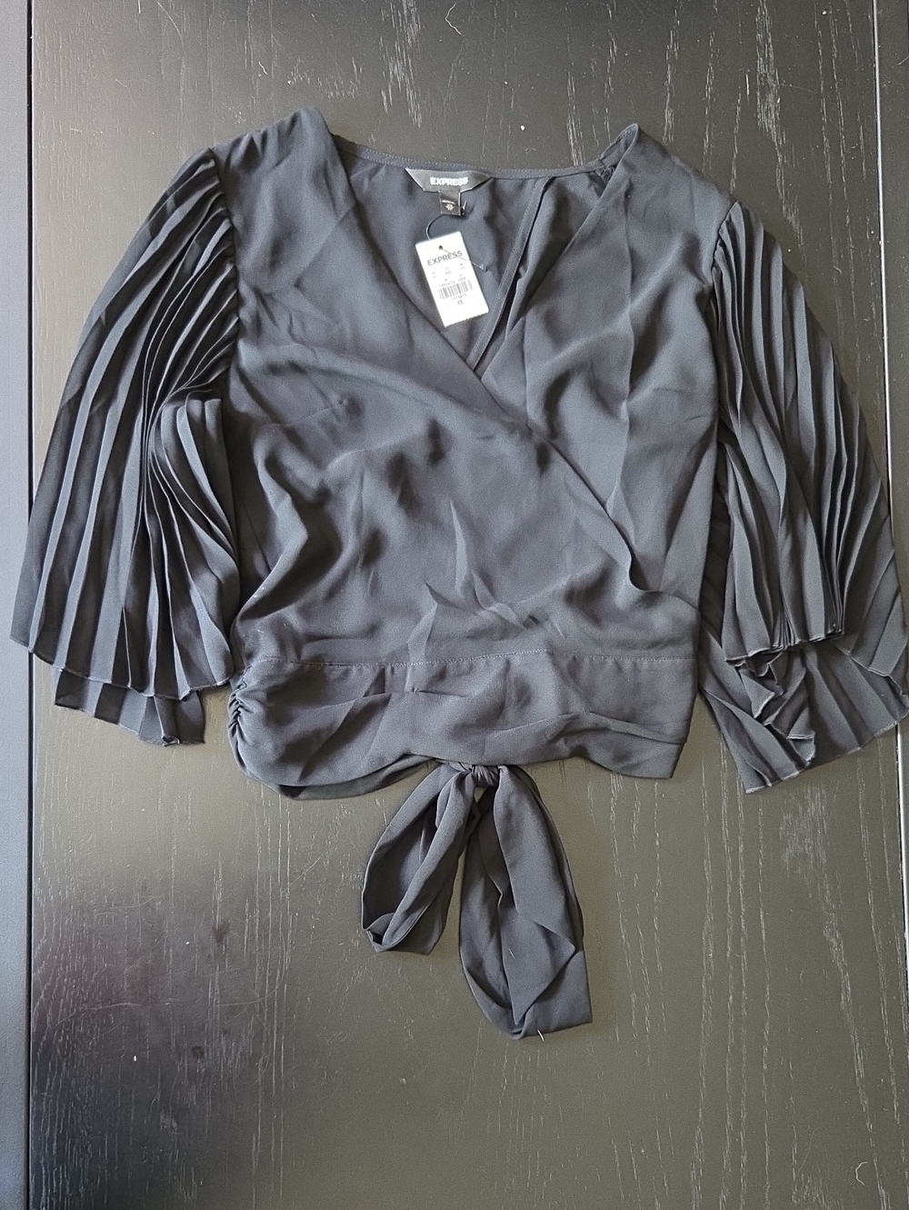 Express Black Pleated-Sleeve Wrap Tie-Back Blouse